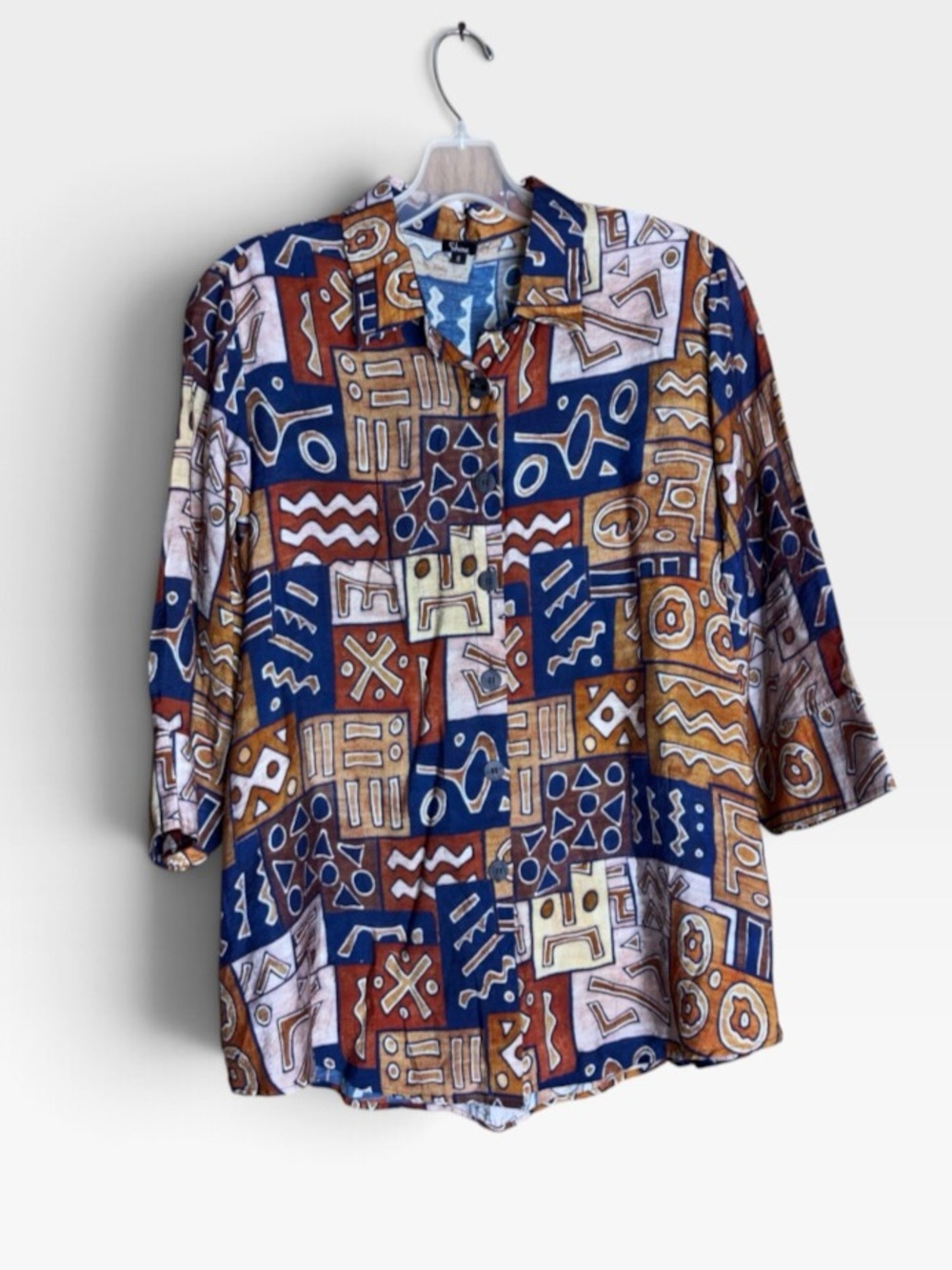 Shana S Abstract Geometric Print Tunic Blouse 3/4 Sleeve Back Zip Artsy Boho